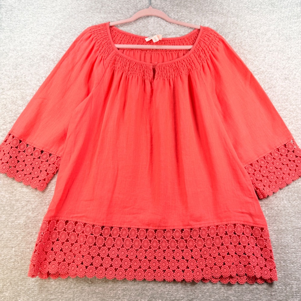Charter Club Peasant Top Linen Crochet Trim 1X Coral Pink Boho Summer